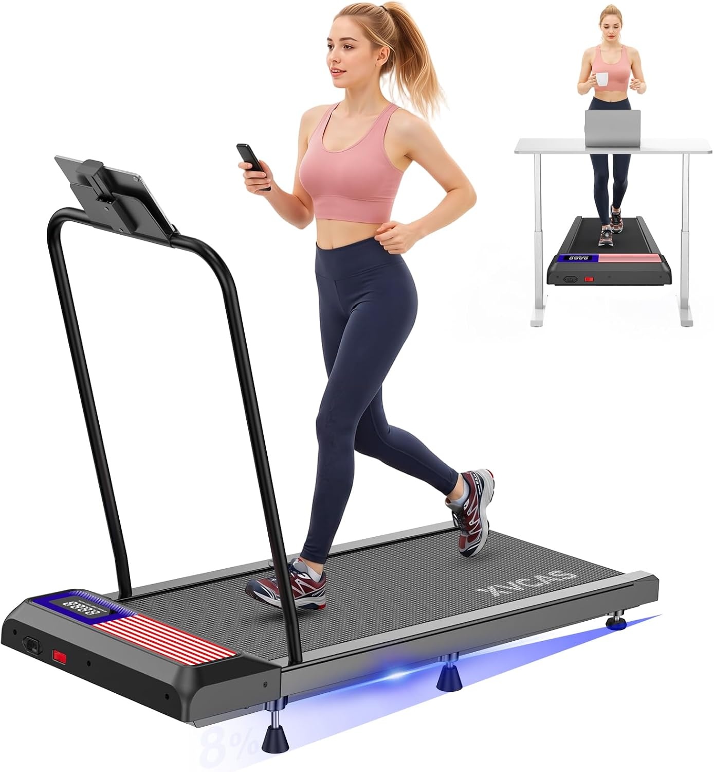Under Desk Treadmill with Incline and Handlebar | Compact Treadmill,Perfect for Running, Walking & Under-Desk Use,Quiet Operation for Home or Office
