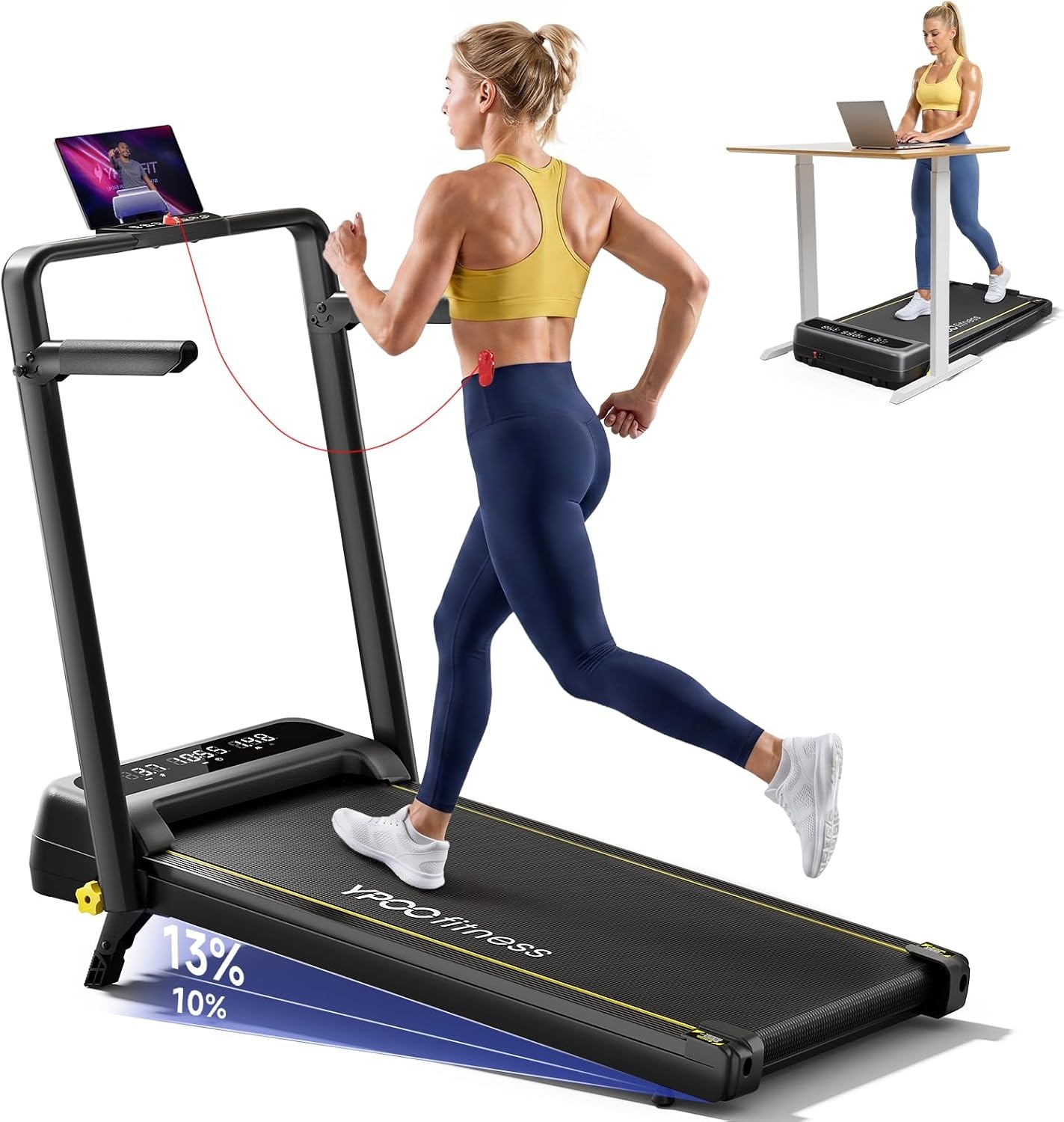 YPOO Walking Pad Incline, Treadmills for Home, Handle Bar, Foldable, 300LBS