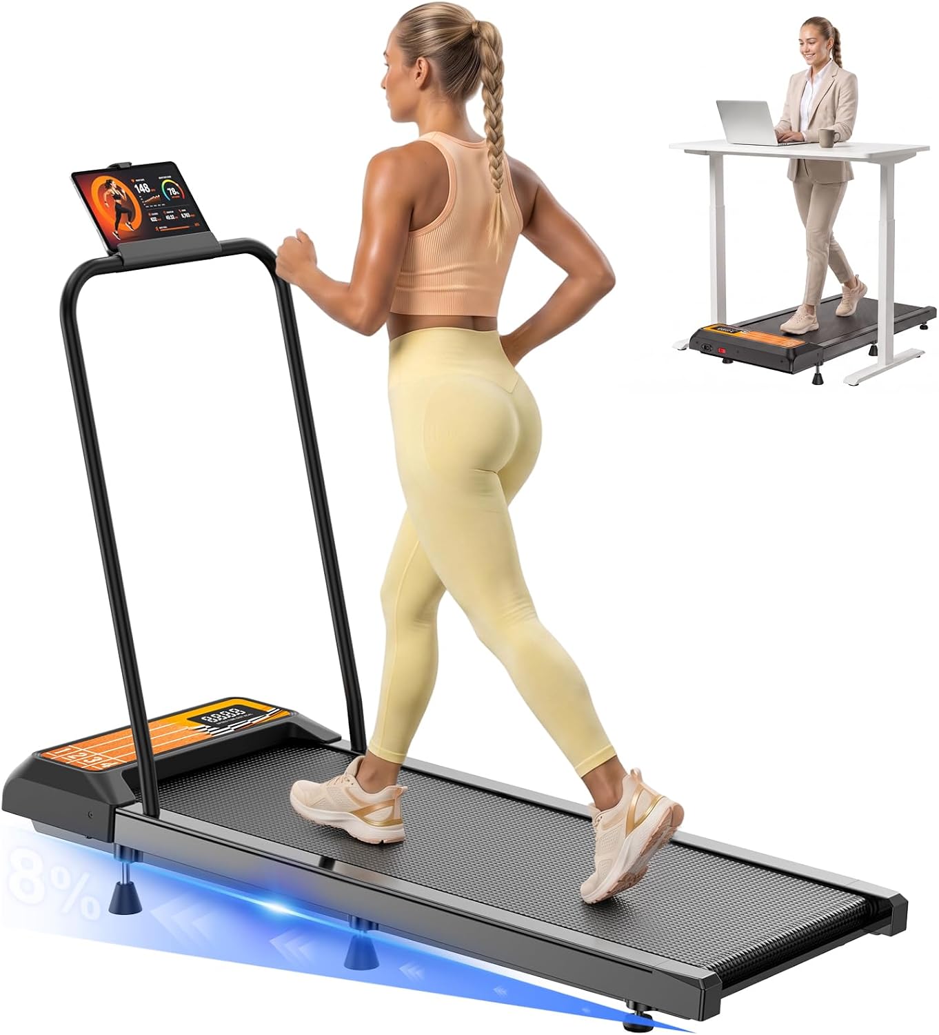 Under Desk Treadmill with Incline, Portable Walking Pad with Handlebar