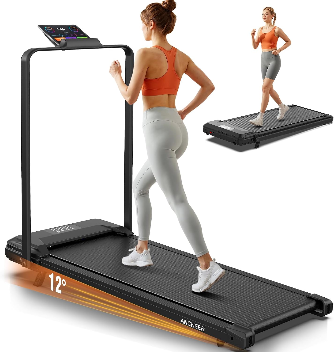 ANCHEER Treadmill with Handle Bar &amp; 12% Incline - 2s Foldable/Max 320 lb Capacity Walking Pad - Portable Folding Treadmills for Home, Gym, or Office with LED Screen and Remote Control