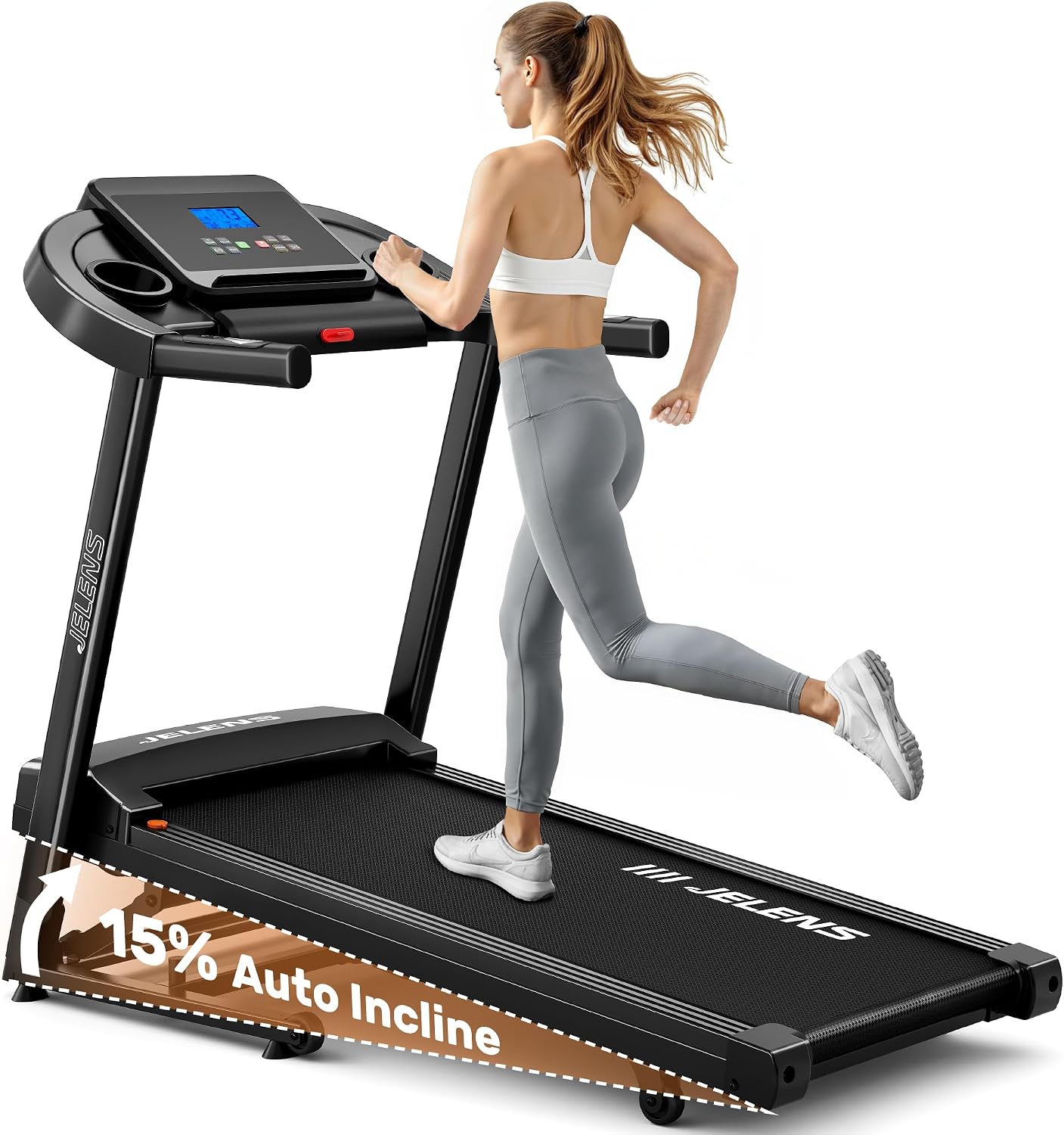 JELENS Treadmill for Home with 0-15% Auto Incline, Foldable Walking Pad Treadmill with 330LBS Weight Capacity and Pulse Sensors, 3.0HP Quiet Walking Pad with App and LCD Display