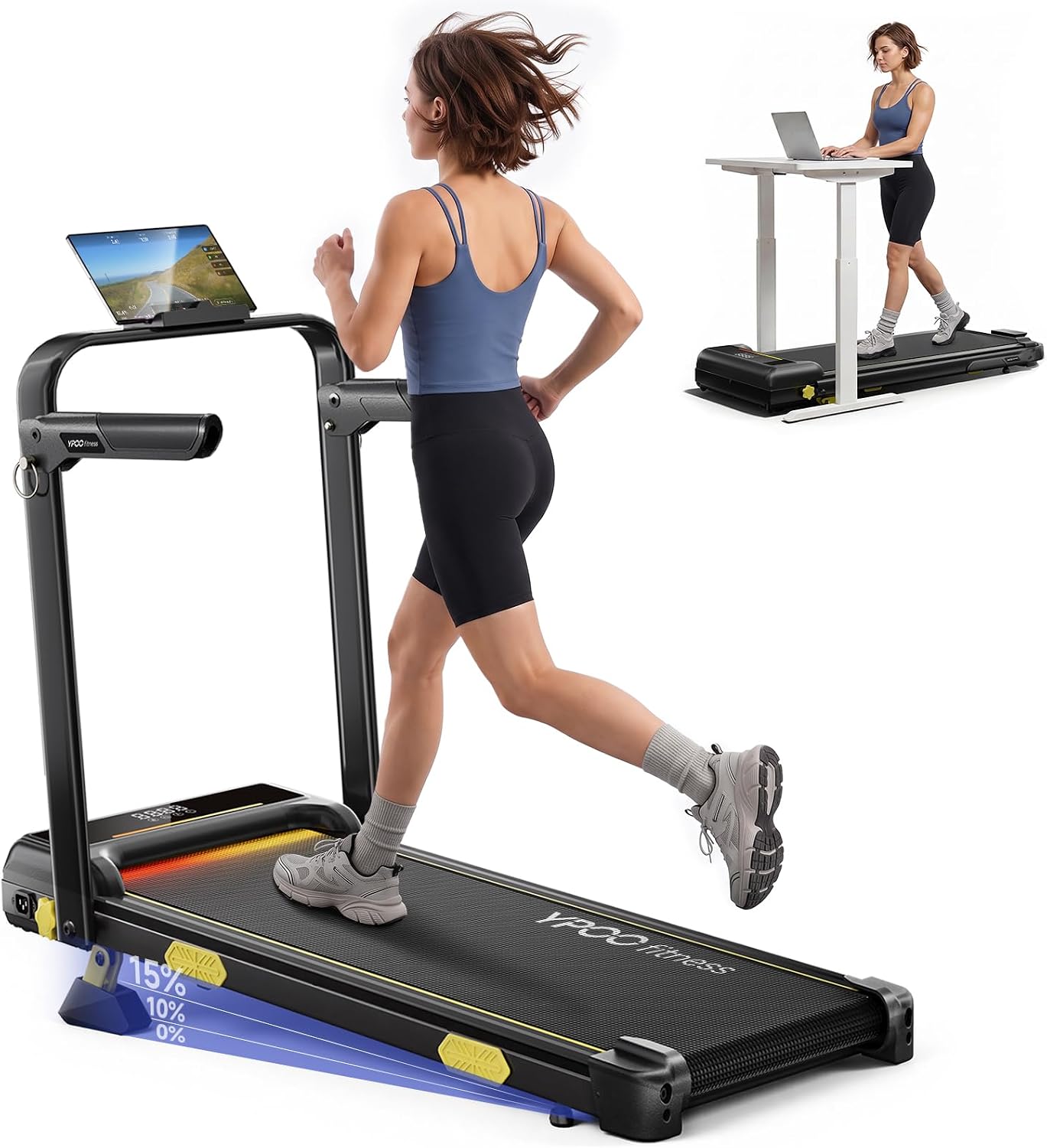 YPOO 15% Incline Walking Pad Treadmill with Handles, 6.2MPH, Foldable